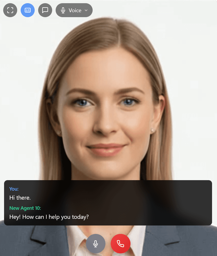 KonAI widget mid-call: avatar video with the fullscreen, captions, text input and Voice input-mode buttons at the top-left, a transcript panel showing the exchange, and mic-mute plus end-call buttons at the bottom